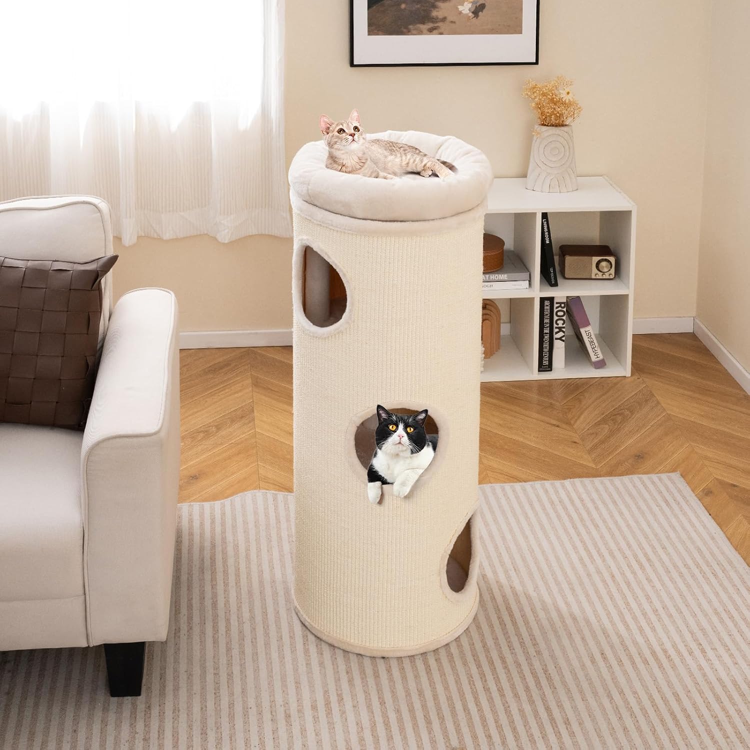 PETSITE 4-Story Cat Tree Condo, 49 Inch Multi-Level Barrel-Shaped Cat House with Sisal Scratching Pad, 3 Hideaways, Removable Soft Top Plush Bed, Ideal for Indoor Cats