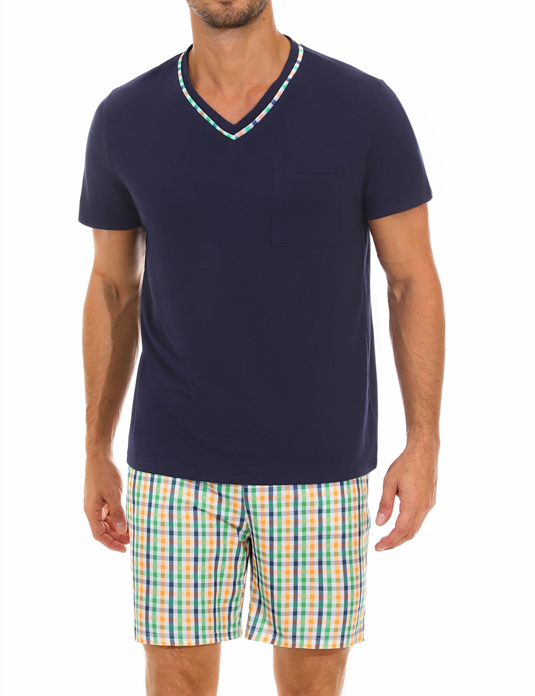 Demegimi Pigiama Uomo Estivo Cotone Corto Leggero Pigiama da Uomo a Quadri Pigiami Due Pezzi a Maniche Corte con Scollo a V e Pantaloncini