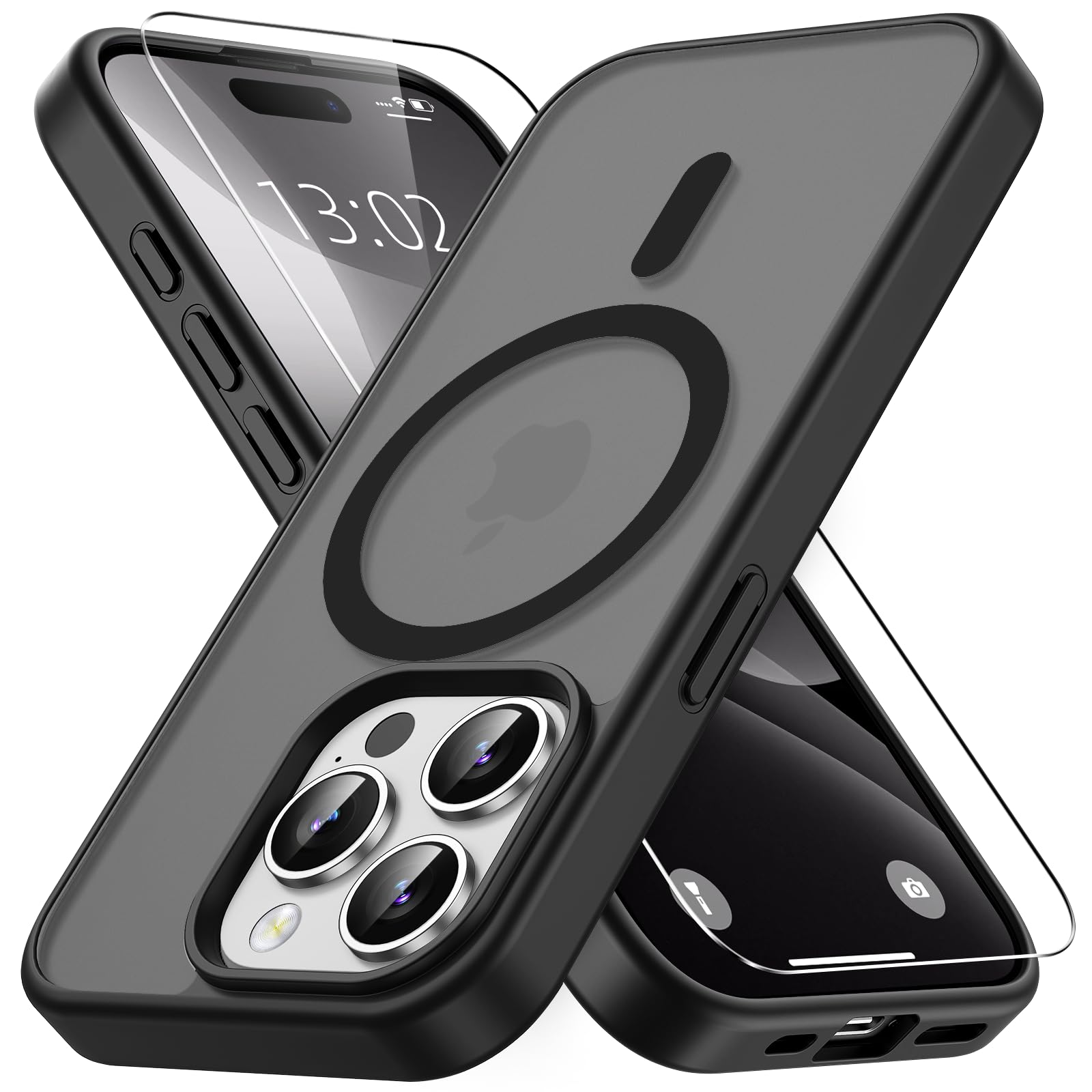 Vansdon Cover Magnetica per iPhone 15 Pro Max con 1 Pezzi Vetro Temperato, Compatibile con Magsafe, Protezione anticaduta di livello militare, Custodia Traslucida Opaca Sottile Antiurto-Nero