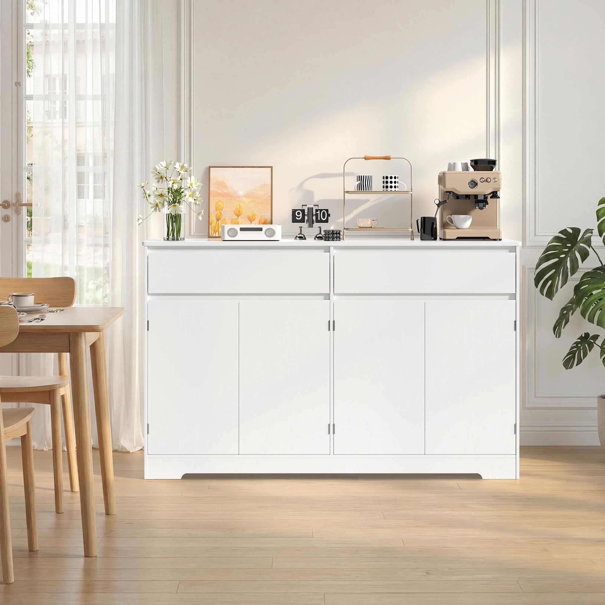 Xbro Buffet Cuisine avec 2 Tiroirs, Buffet à 4 Portes avec Étagère Réglable, Meuble de Rangement Multifonctionnel avec Coins Arrondis et Dispositif Anti-Basculement, pour Cuisine, Salon, Blanc