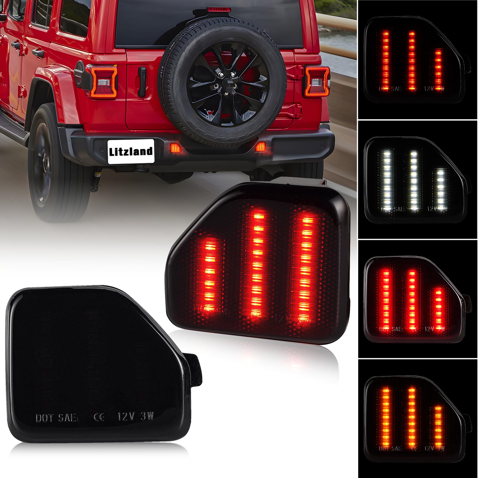 Litzland LED Rear Bumper Reflector Compatible With Jeep JL Wrangler 2018-2024 - 4 in 1 Running Light, Sequential Turn Signal, Brake and Reverse Light