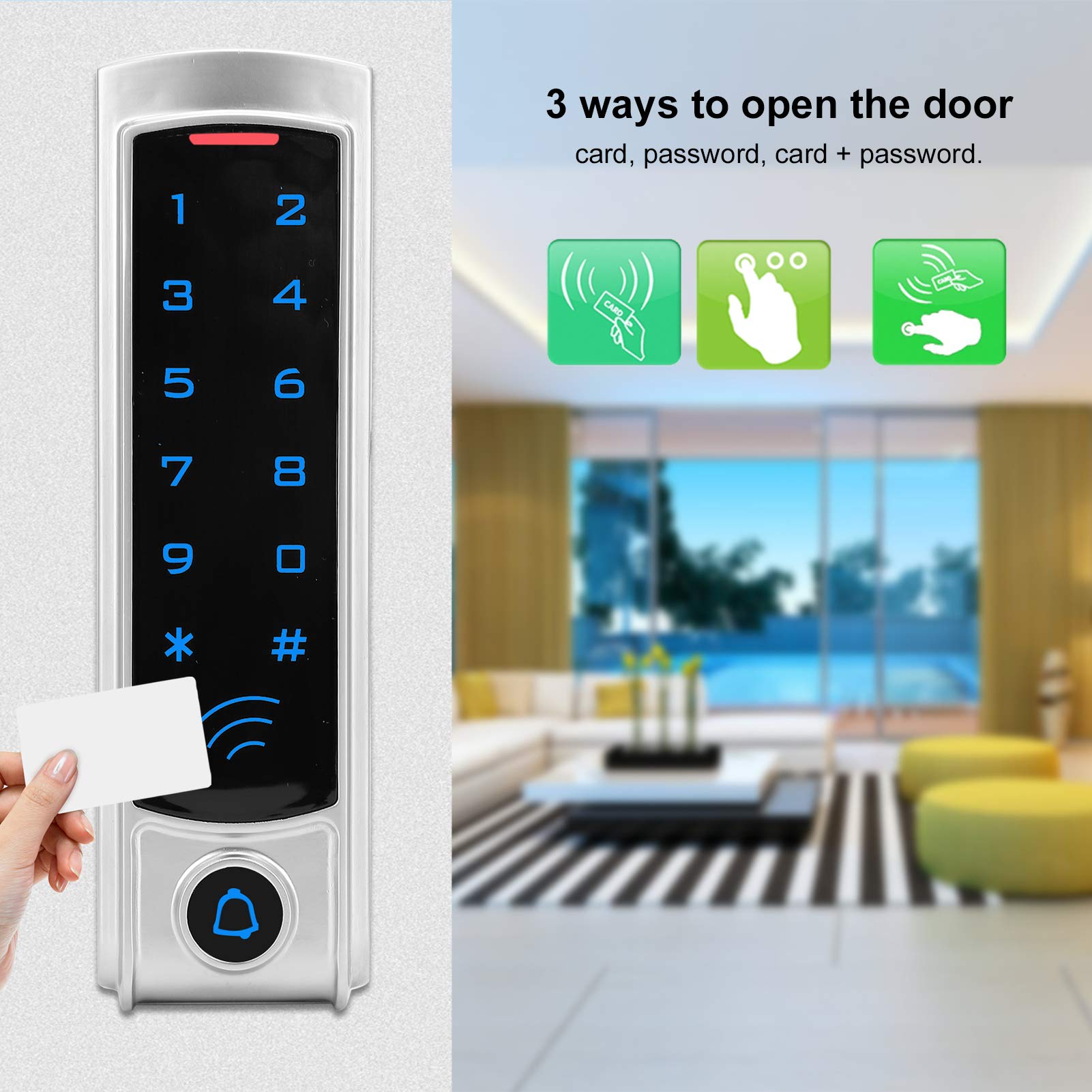 Cerradura de puerta con teclado retroiluminado sin llave, 13,56 MHz RFID Wiegand26 Lector de tarjetas de identificación Controlador de acceso Sistema de control de acceso
