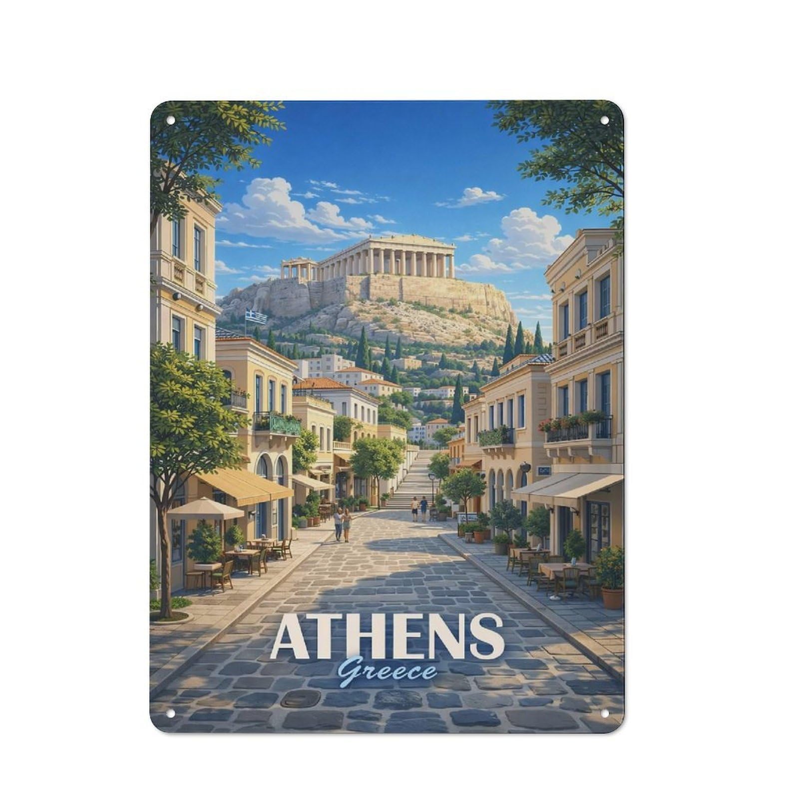 Junmoney Style-18 40X30cm Vintage Metal Sign With Athens Greece Acropolis Street View For Studio Or Craft Room, For Vintage Wall Decor Fans, For Metal Sign Collectors