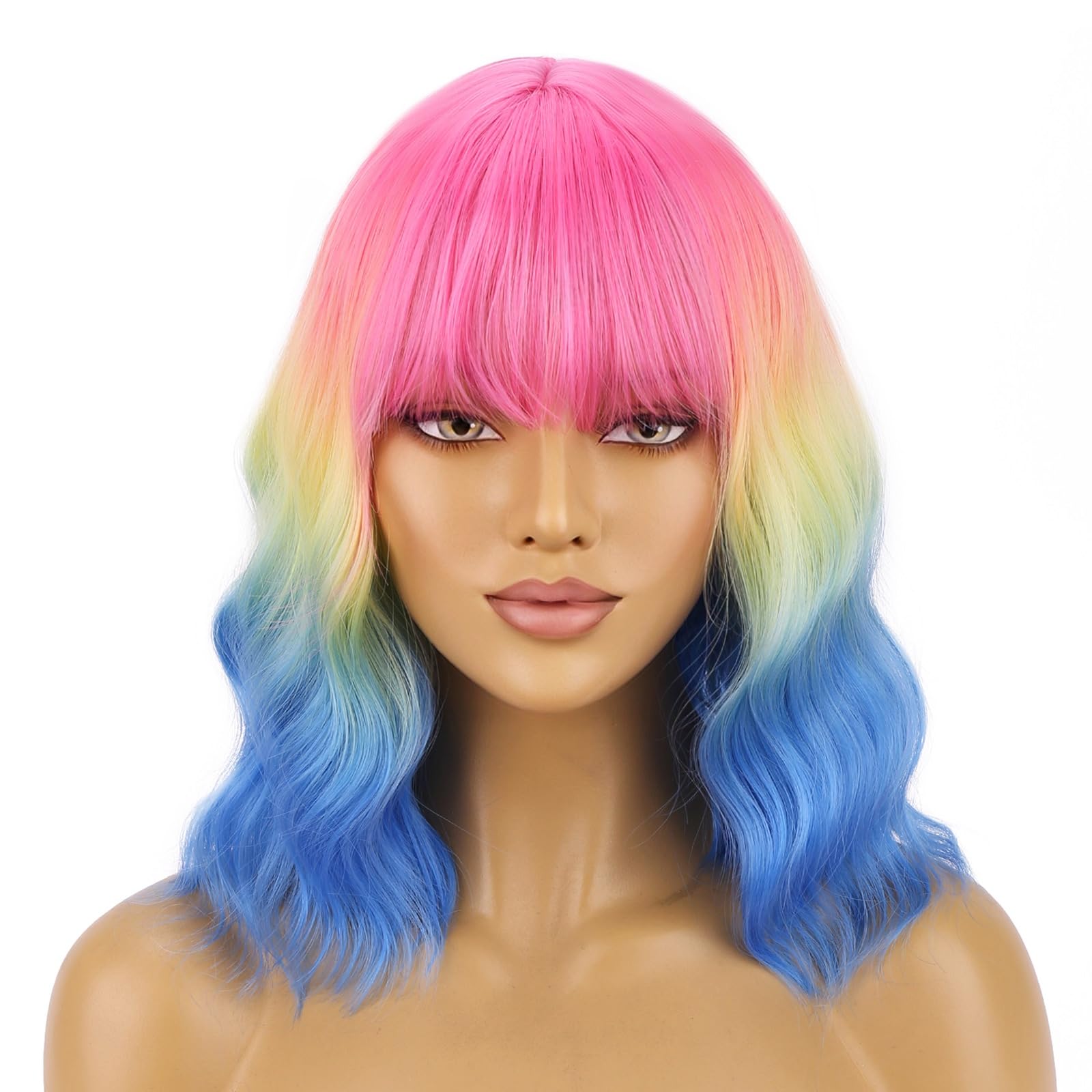 BERON 14 Inches Rainbow Wig Short Colorful Bob Wigs with Bangs Halloween Colored Wig for Women Loose Wavy Wigs for Women