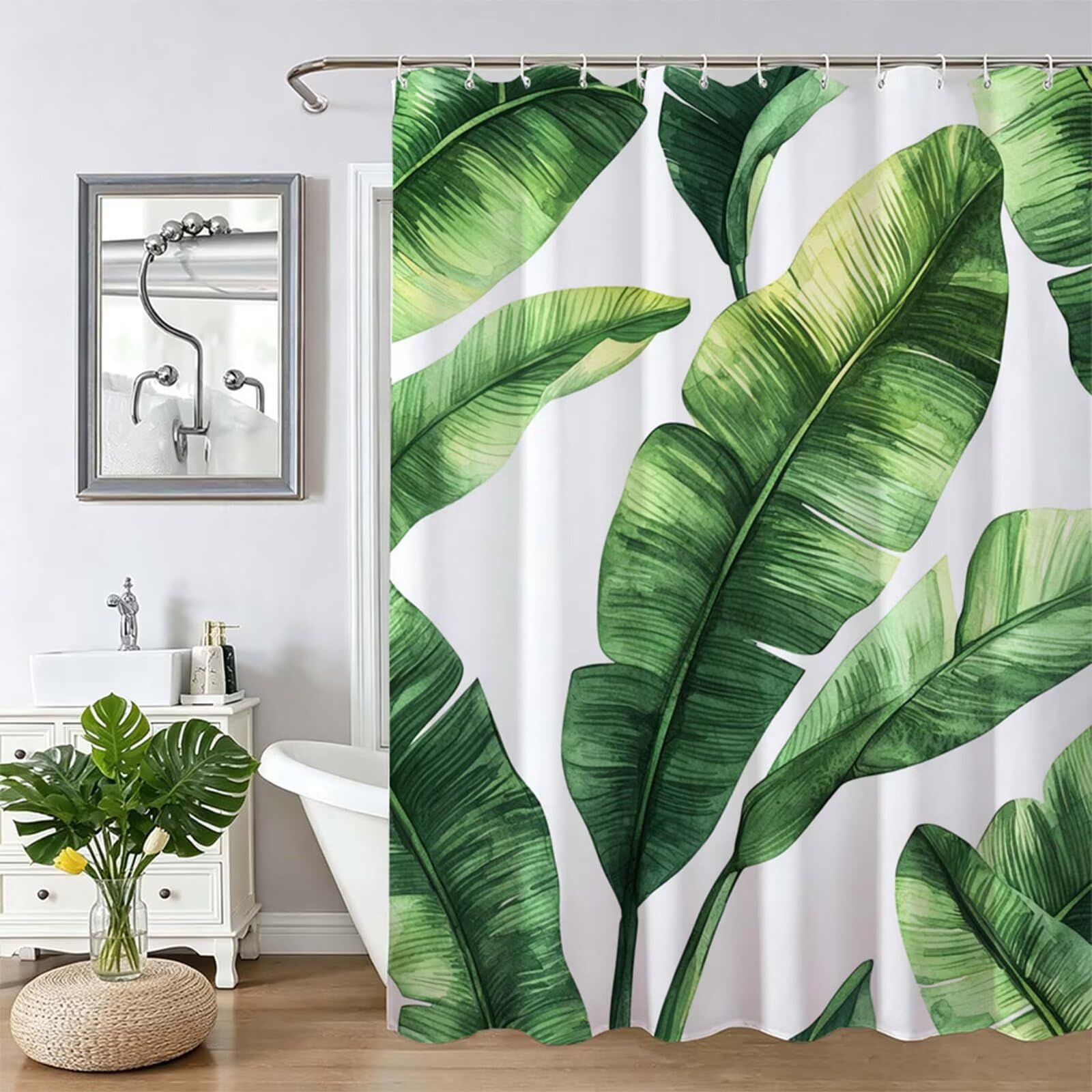 Tenda Doccia in Poliestere verde,Tende per Doccia Extra Lunga 180x240cm,pianta Tenda Vasca da Bagno Tessuto Lavabile,Impermeabile e Facile da Pulire,con 12 Ganci,Decorazione per Bagno,Hotel Z-432