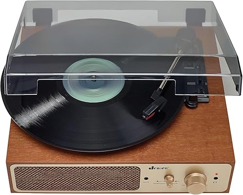 Miniatura 2 de JENSEN Tocadiscos de vinilo de 3 velocidades con doble conexión Bluetooth, transmisión y recepción, reproductor de casete y dos altavoces integrados