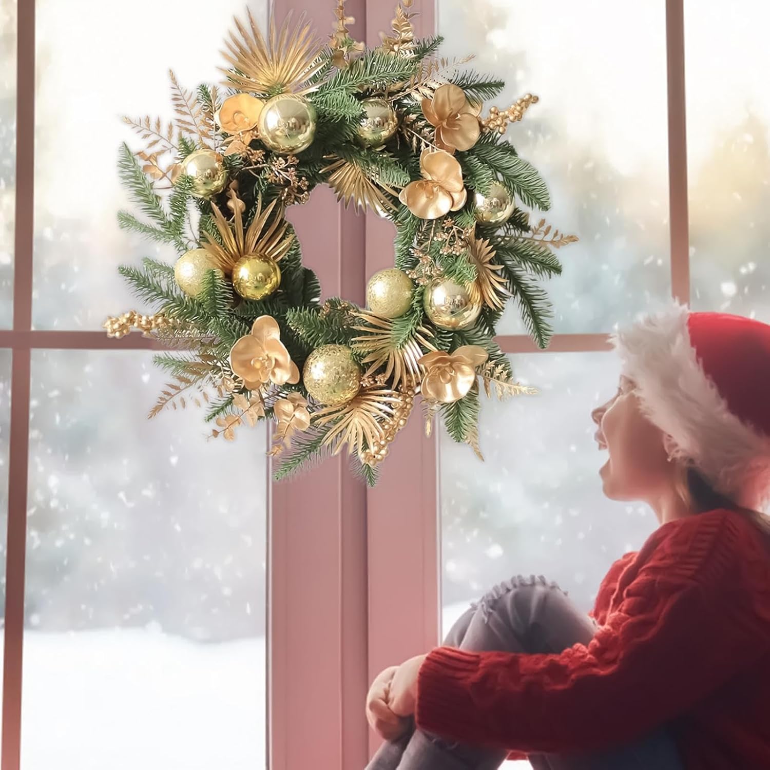 | 19インチ 冬のクリスマスデコレーション - ゴールデンボール付き松のホリデーリース - 壁暖炉 寝室 【こげぱん】
