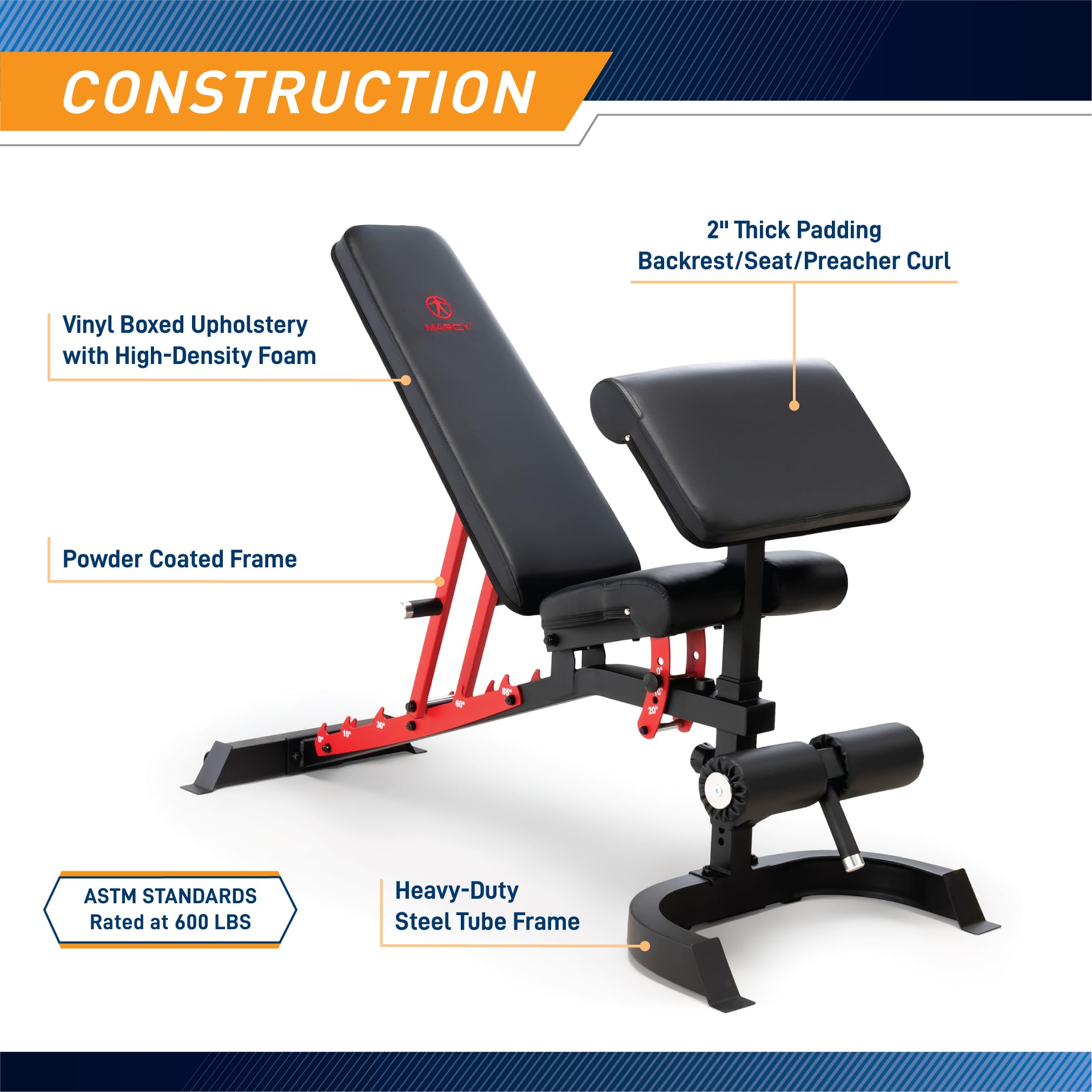 Marcy - Banco de entrenamiento para gimnasio en casa, banco de entrenamiento resistente con respaldo de 7 posiciones, inclinado plano, cojín de curvatura de predicador, anclaje de piernas | Carga Máxima 135 kg, Soporte De Bíceps En 3 Alturas, Desarrollado