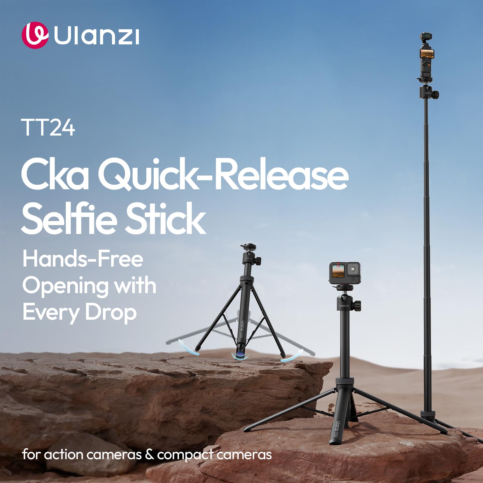 ULANZI TT24 Selfie stick treppiede 150 cm con 4 piedi, Apertura automatica, Cavalletto action cam a sgancio rapido CKA, Carico 1 kg, Compatibile con Insta360 ace pro X3 4 5, DJI Pocket Action, Go pro