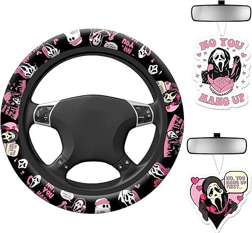 Funda para volante de fantasma rosa de Halloween, accesorios de película de terror con 2 ambientadores de automóvil, funda antideslizante de ajuste