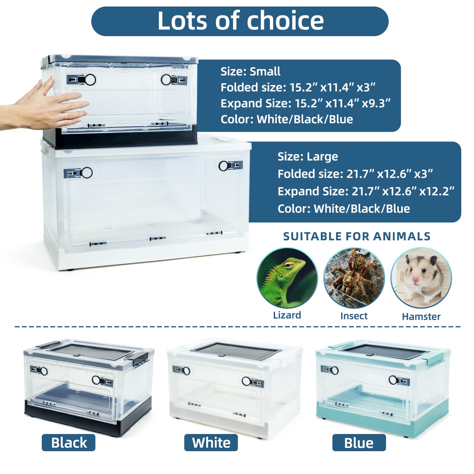 Terrarios plegables para reptiles de 16 pulgadas, tanques de serpientes y recintos para dragones barbudos, iguanas, lagartos, gecos crestados, vistas claras, portabilidad, ventilación de malla