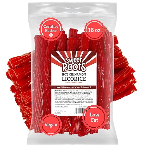 Sweet Roots Hot Canela Regaliz Twists 1 bolsa (16 onzas) Palitos de regaliz de tamaño jumbo Vegano, sin grasa, Kosher Dulce de regaliz gourmet