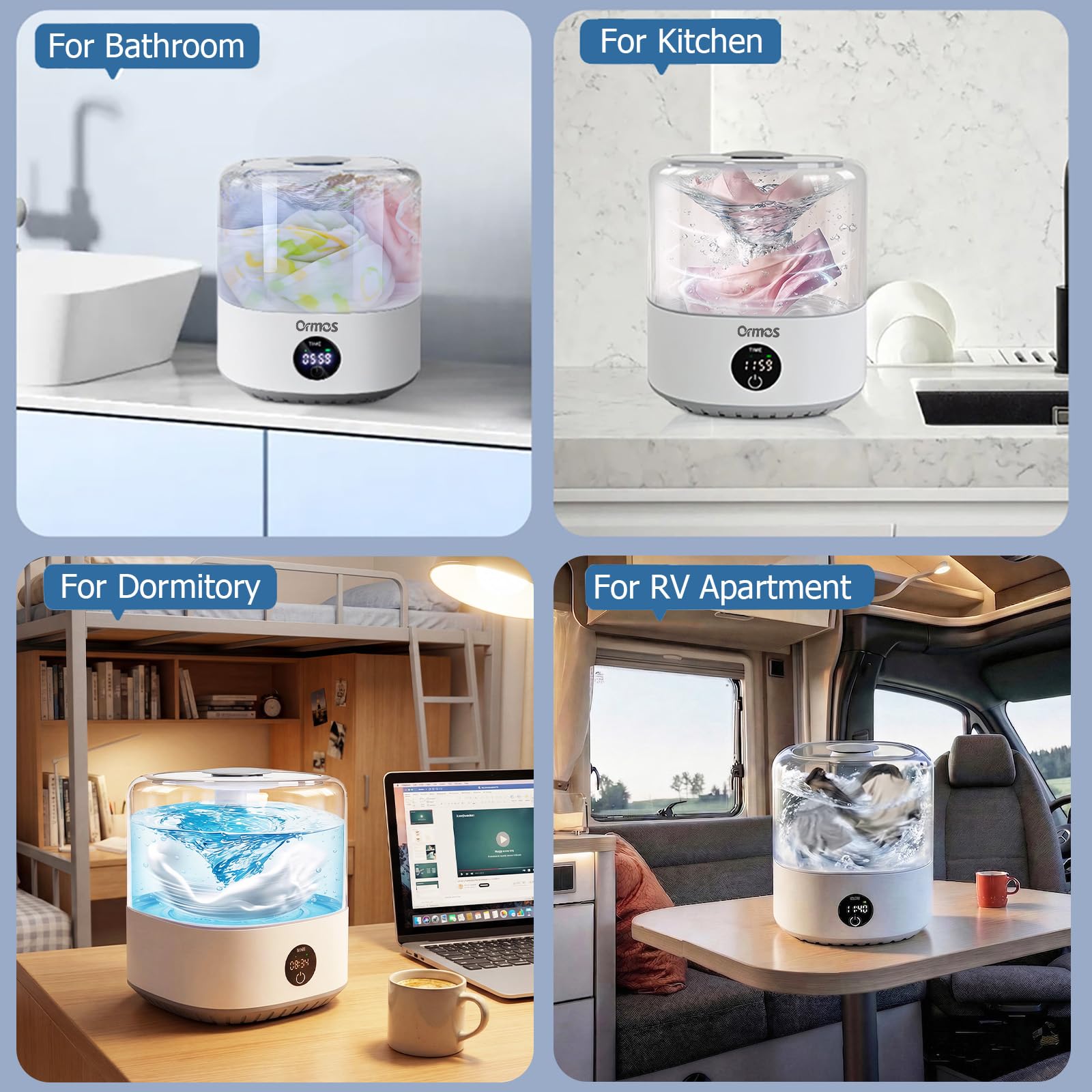 ORMOS - Mini lavadora inalámbrica recargable USB portátil, 3 L para delicados, calcetines y ropa interior, diseño silencioso, compacto para recámara, viajes y espacios pequeños