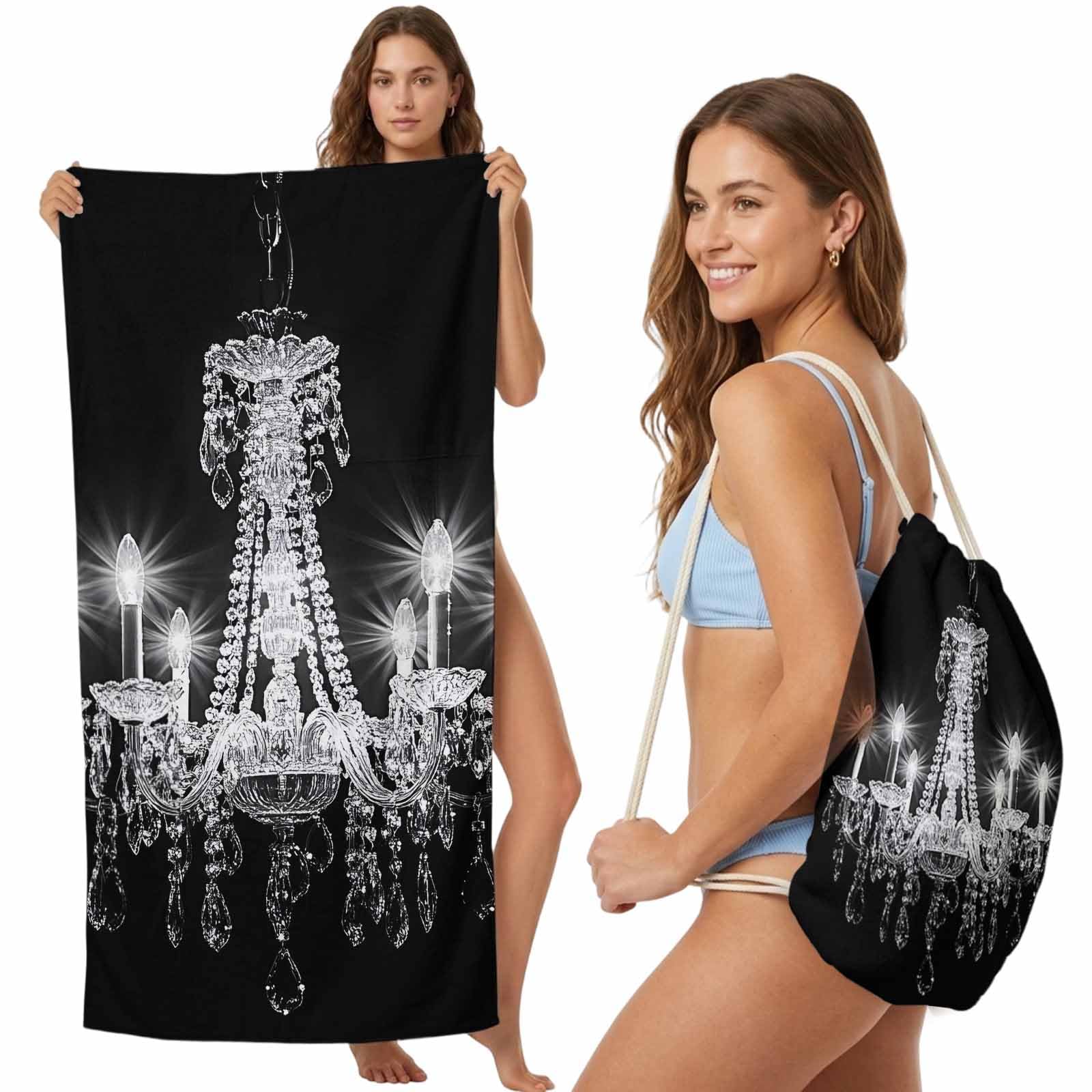 FWJZDSP Beach Towel Backpack Convertible Black Sand Free Quick Dry Towel Bag Light Chandelier Beach Towel with Adjustable Straps for Travel Swimming Pool Beach Accessories 31.5x63in