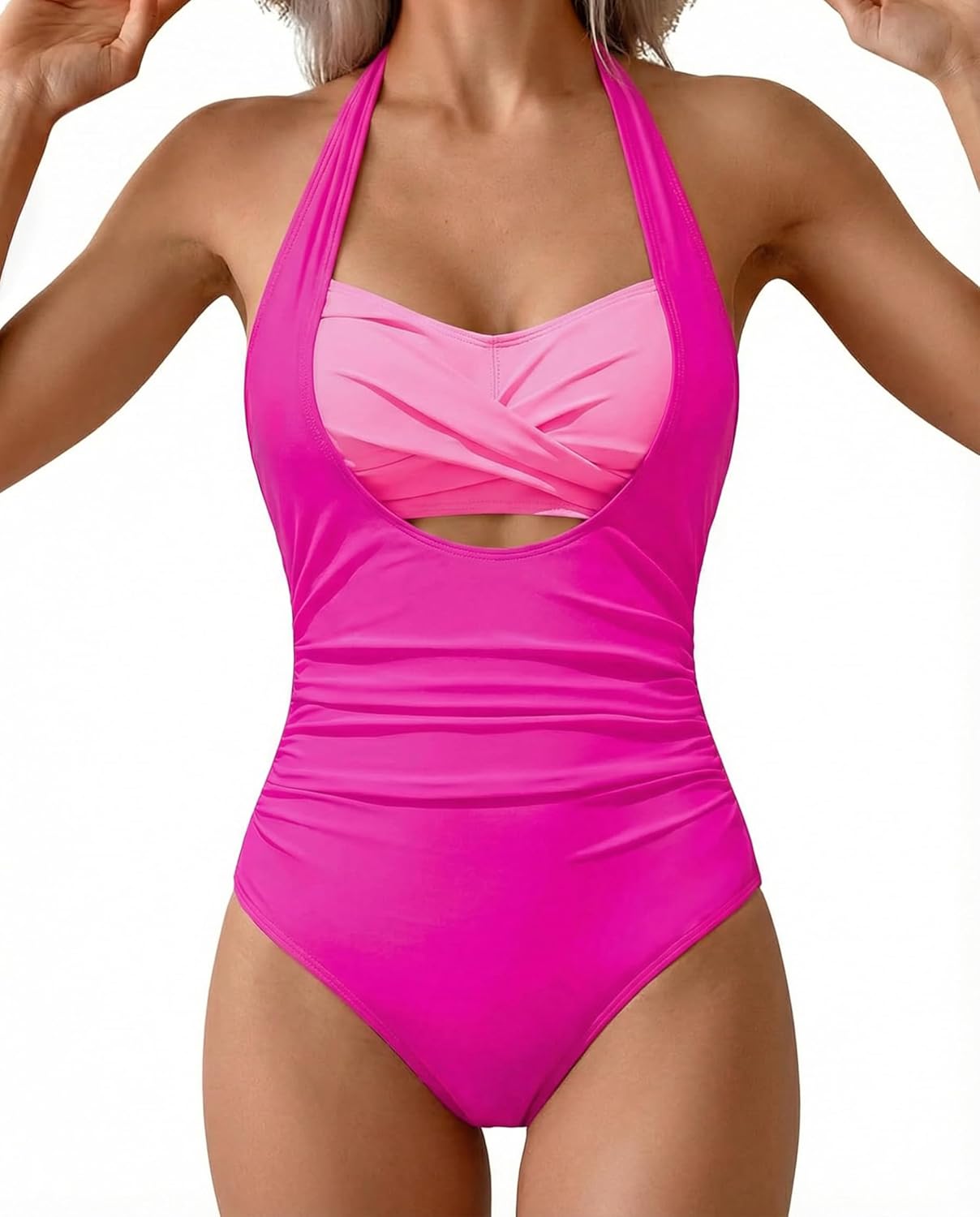 SHESHOW Womens One Piece Swimsuits Tummy Control High Waisted Halter Backless Bathing Suit Ruched Swimwear