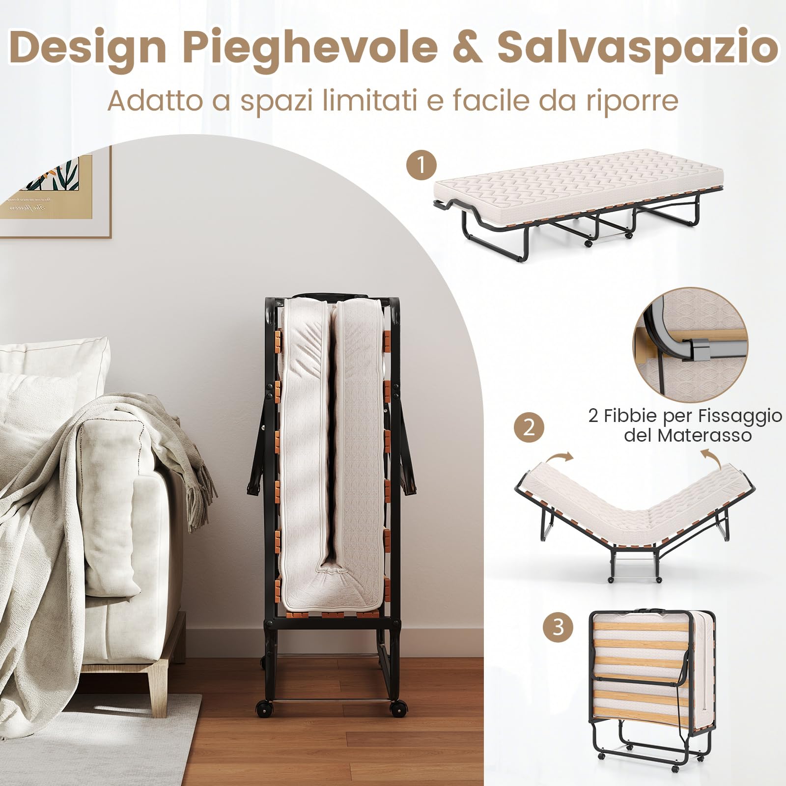 COSTWAY Brandina Pieghevole con Materasso, Struttura Metallica, Materasso in Memory Foam, Trapuntatura a Onda con Imbottitura a Doppia Fibra, 200x90x41 cm, Made in Italy (Stile 2 Beige)