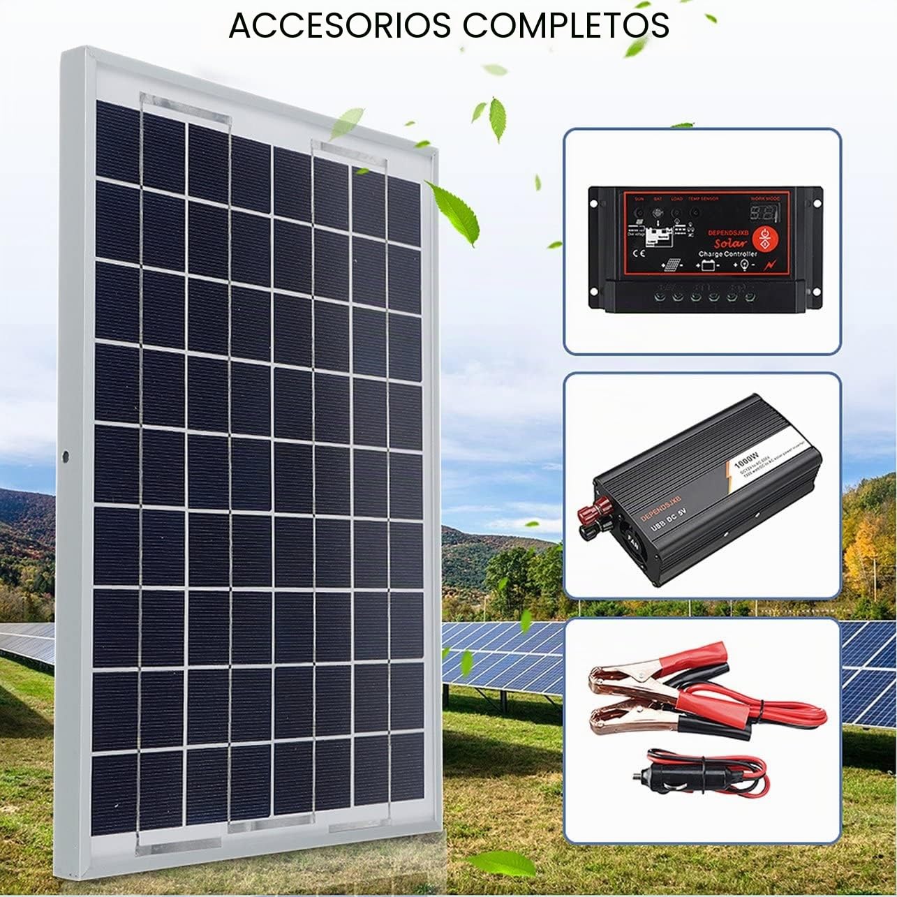 Sistema de Panel Solar 60A Controlador de Carga del Panel Solar Kit de inversor Solar 1000W Maleta de Panel Solar de generación de energía Completa - Negro (80402202M1)