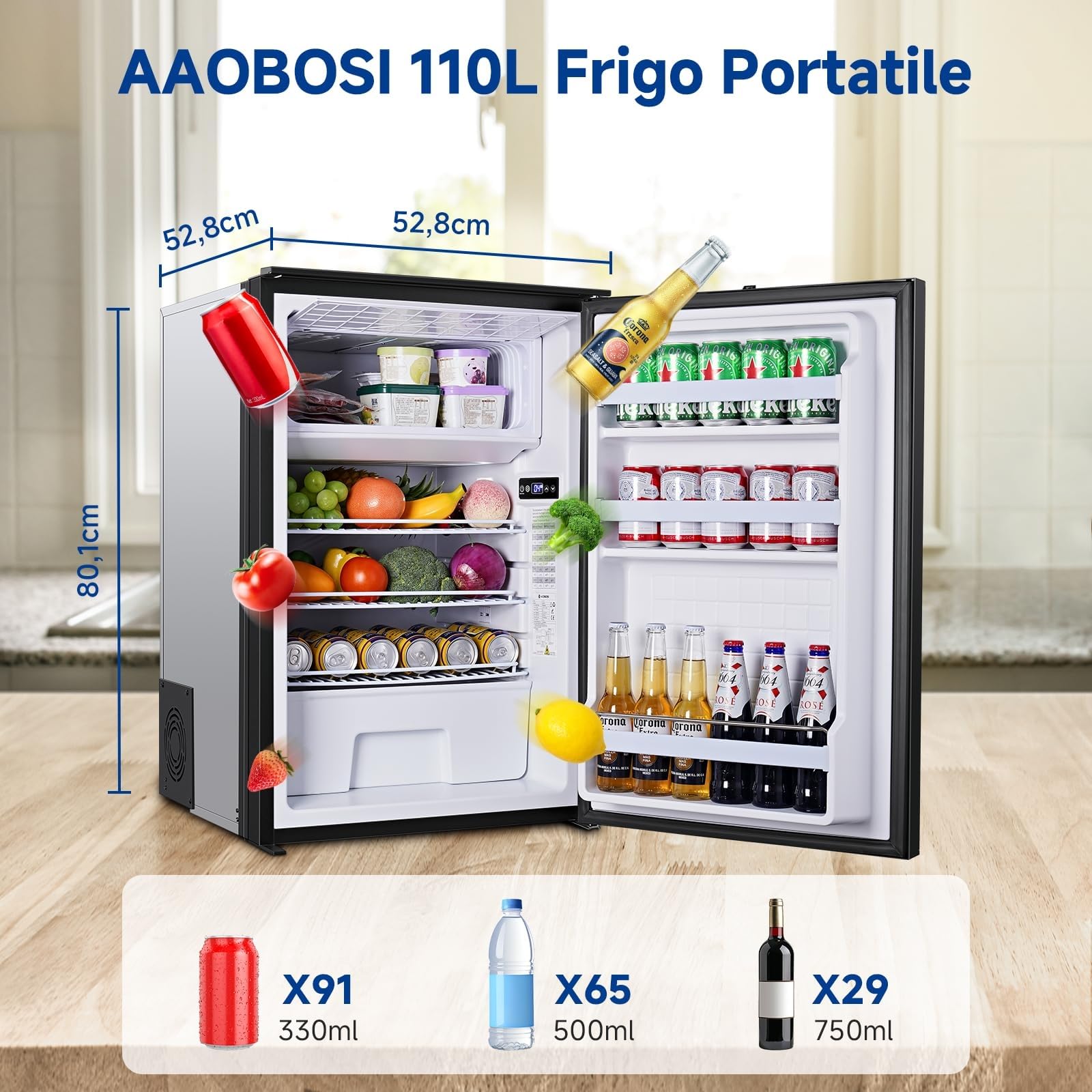 AAOBOSI 110L Frigo Portatile, Due Zone Di Temperatura, Frigo Da Campeggio con Luce LED, 12/24V DC, Grande Capacità, -15°C a 10°C, Per Auto, Camper, Fuoristrada, Camion, Barche, Campeggio e Viaggi