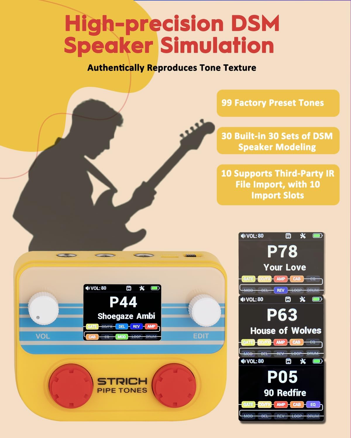 STRICH Pipe Tones Pocket Multi-Effects Processor for Guitar and Bass with Foot Pedal 10 Effect Modules 125 Effects 40s Looper 100 Drum Patterns USB Audio Interface Wireless Control (Orange)