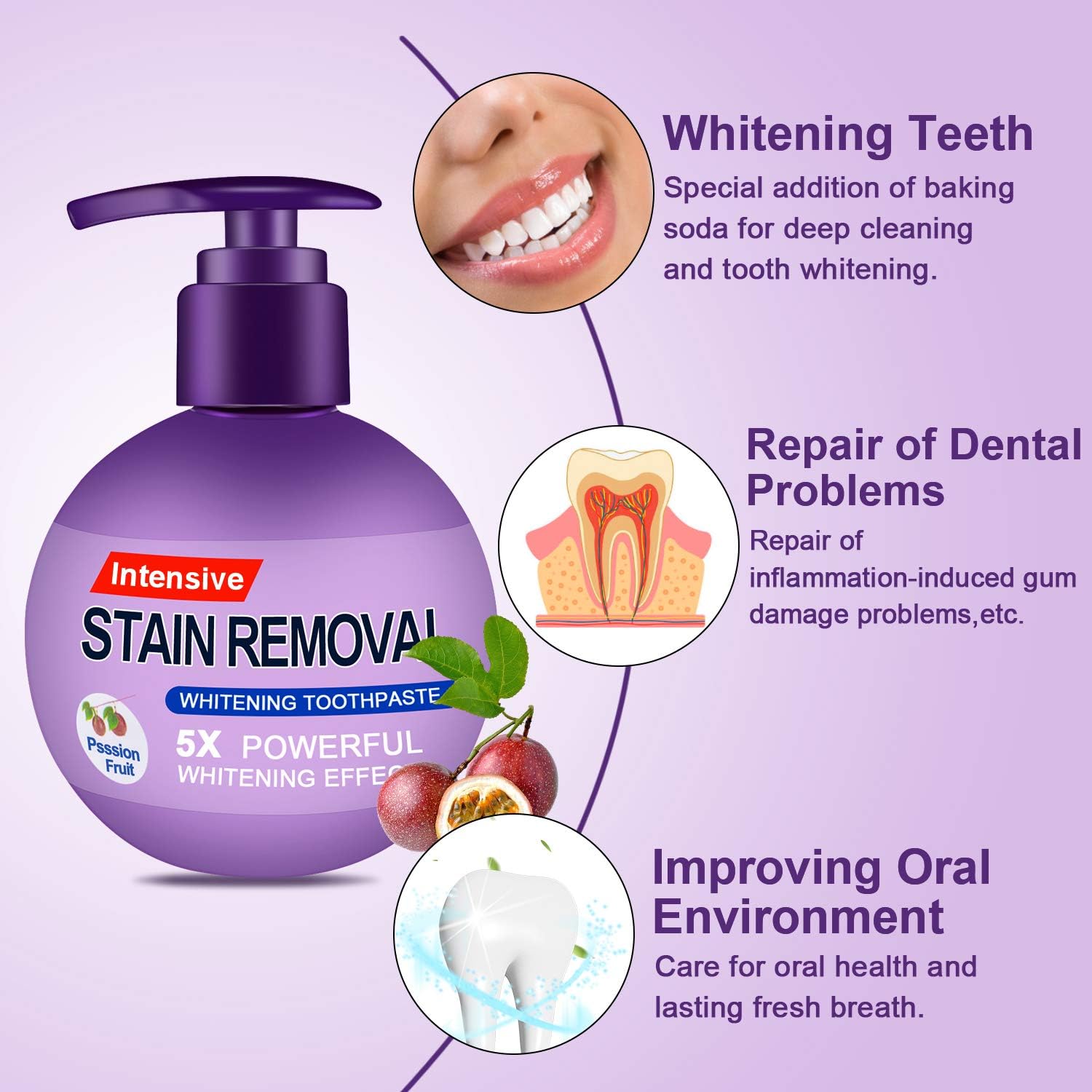 Baking Soda Whitening Toothpaste - Intensive Stain Remover Whitening Toothpaste Strengthening Stain Removal Toothpaste Whitening Removal Fluoride-Free Press Toothpaste (Passion Fruit)