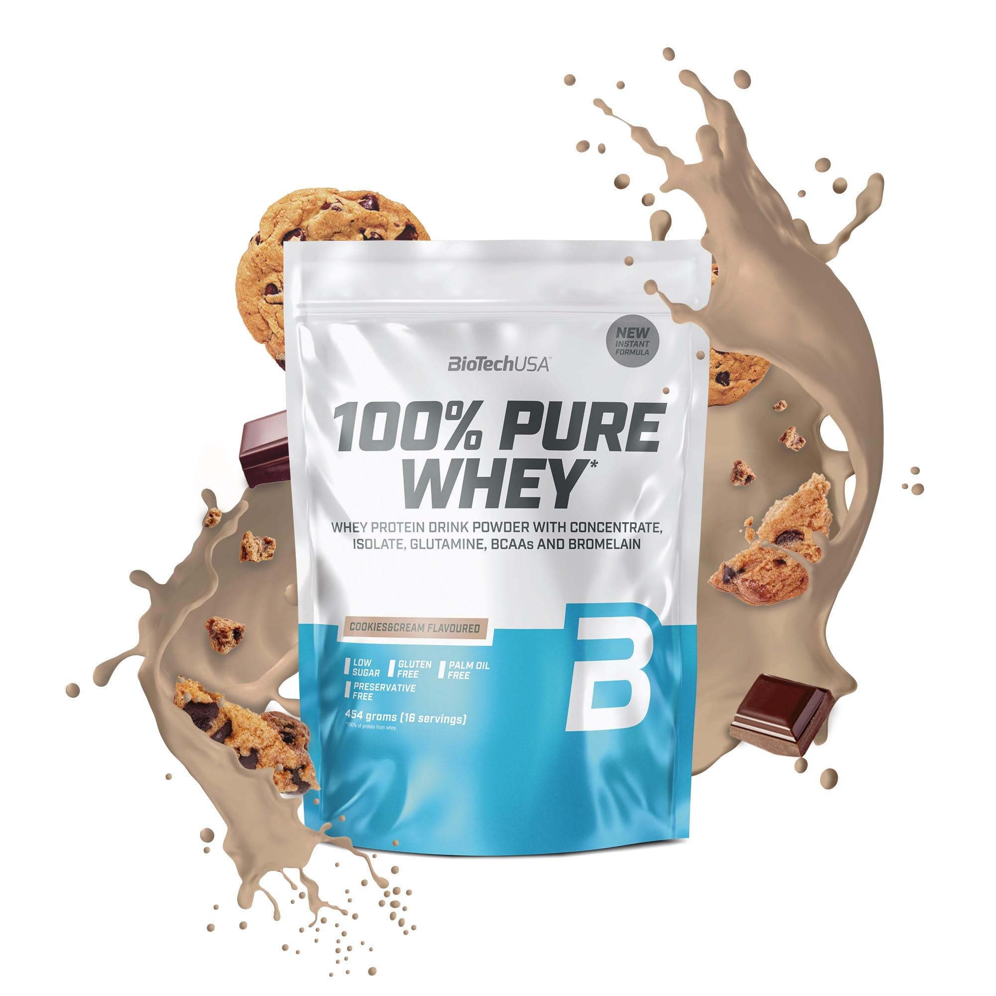 BioTechUSA100% Pure Whey | Protein Powder with BCAA and Glutamine | Gluten-Free, Palm Oil Free | 21g Protein per Serving, 454 g, Cookies & Cream