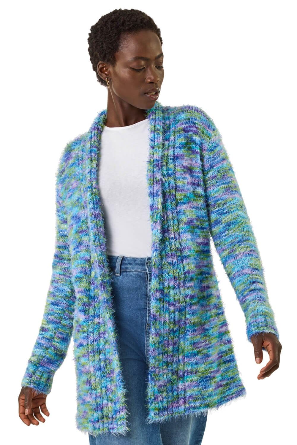 Roman Women's Blue Fluffy Longline Cosy Cardigan In Size 20