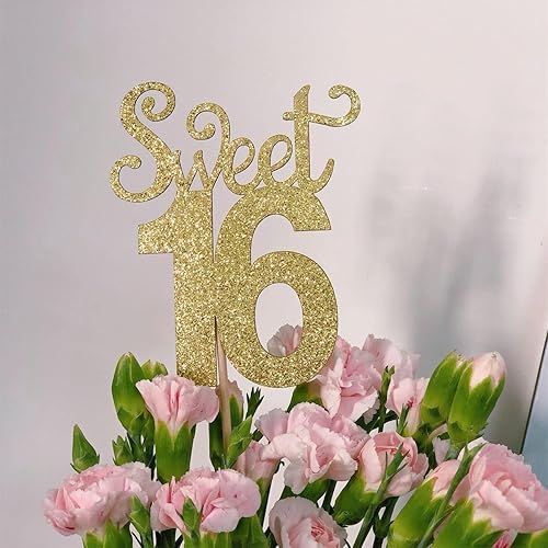 Miniatura 5 de Paquete de 10 palitos dorados con purpurina de doble cara para cumpleaños de 16 años, decoración para tartas de mesa de cumpleaños de 16 años (dulce