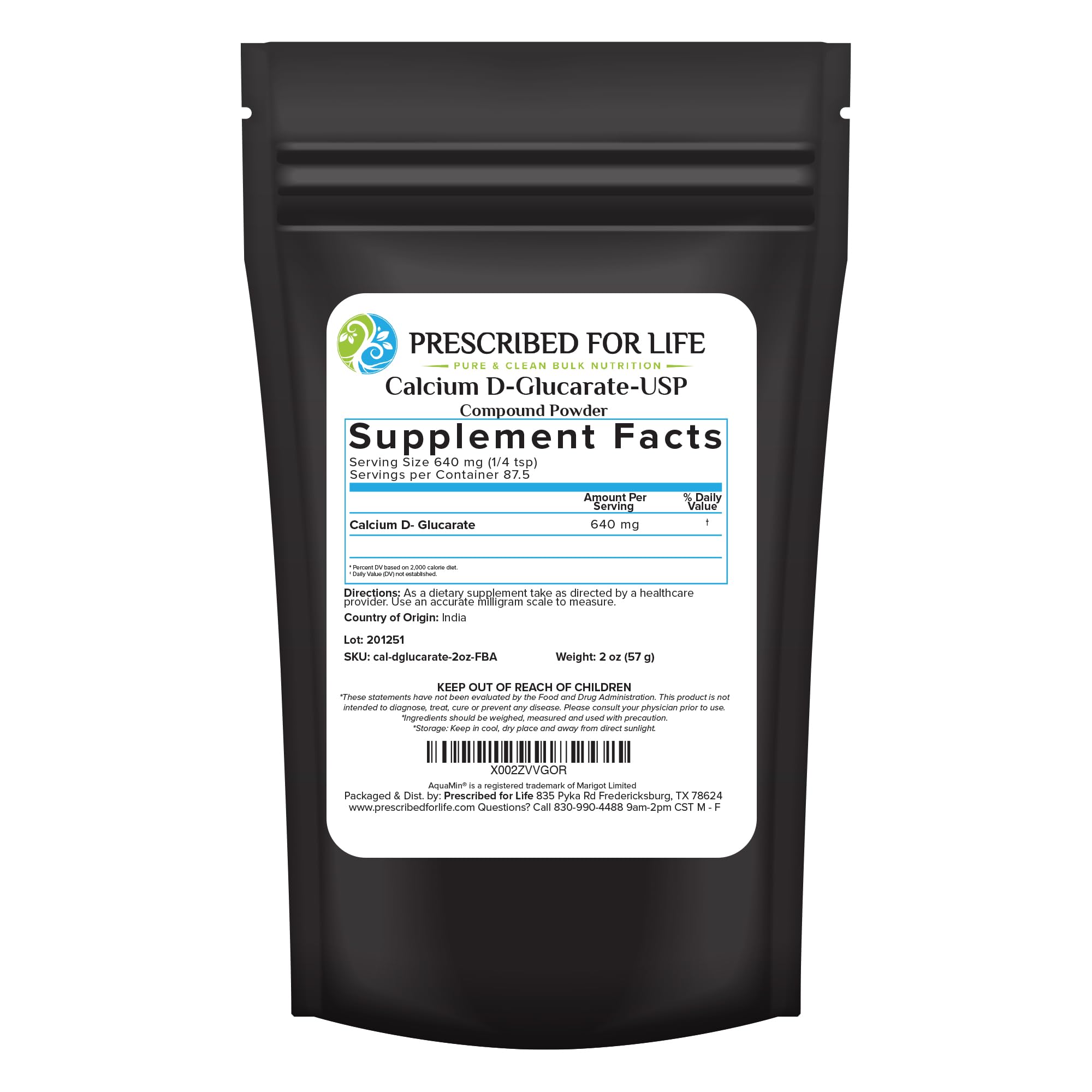 Prescribed for Life Calcium D Glucarate Powder, Pure CDG Fine Powder, USP Grade, Vegan, Gluten Free, Non GMO (56g)