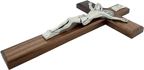 Miniatura 2 de Cruz de pared de madera con medalla de San Benito | Hermoso Jesús plateado | Madera maciza teñida oscura | Listo para colgar en la pared | Gran