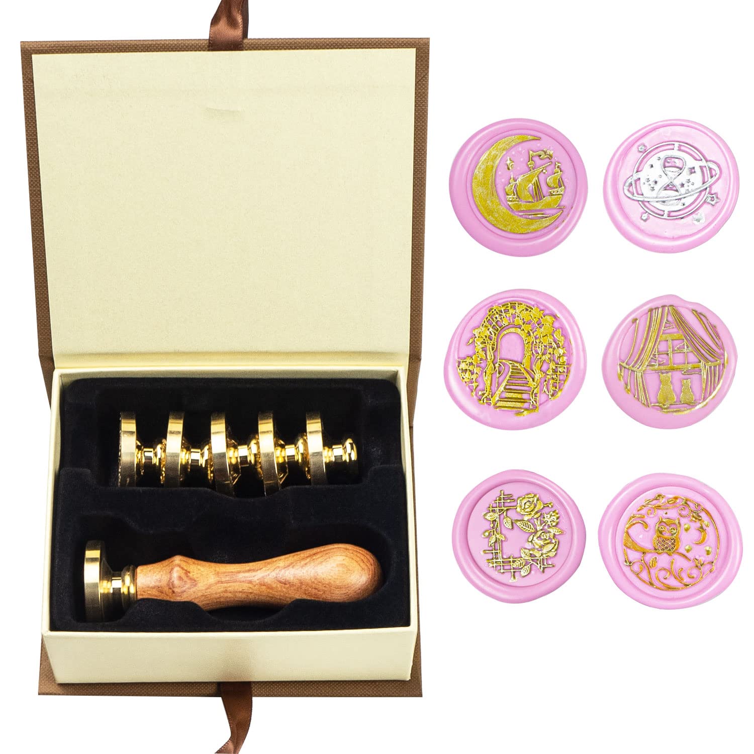 Wax Seal Stamp kit, ANBOSE Animal Wax Seal Stamp Set with 6 PCS Removable Brass Heads and 1 Wooden Handle, Retro Cat Owl Boat Rose Sealing Wax Stamp for Cards Invitations — image 1