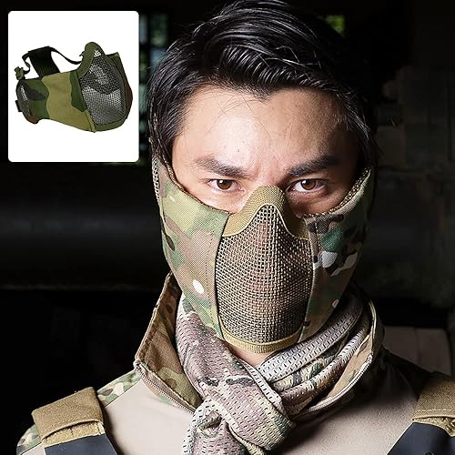 Miniatura 3 de AOUTACC Máscara plegable de malla Airsoft, máscara táctica militar de nailon de media cara con protección para las orejas, protección inferior