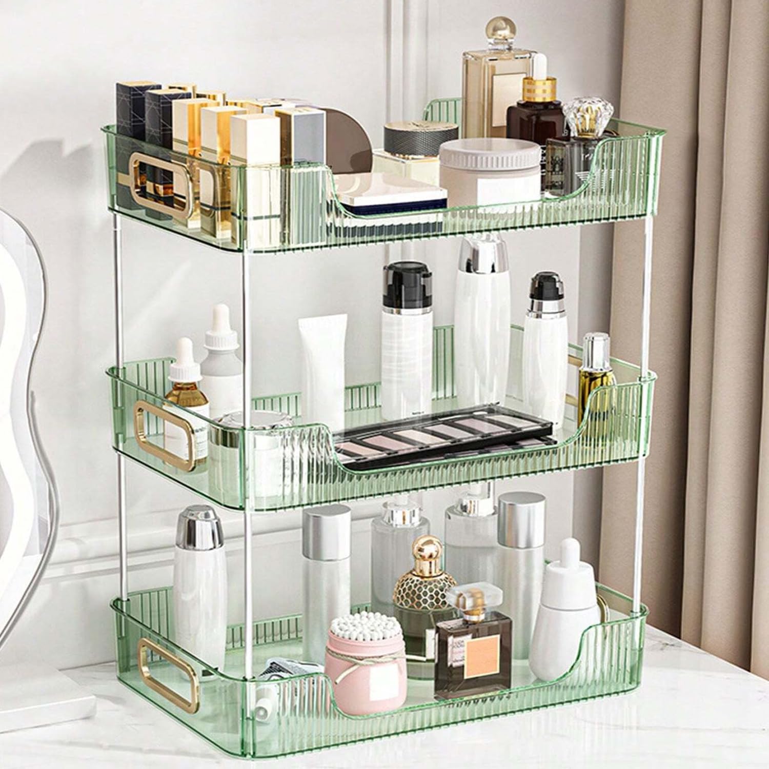 EPEDICHousehold desktop storage rack transparent three-layer storage rack bedroom living room storage artifact bathroom cosmetics storage rack multi-layer desktop storage rack (Green)