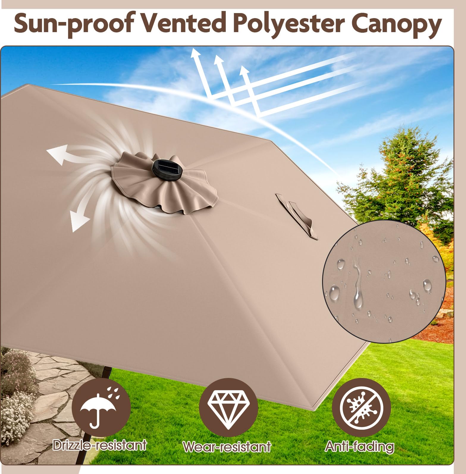 KOMFOTTEU Ombrellone da Giardino con LED 230 cm, Ombrellone da Spiaggia Inclinabile e Portatile, con 6 Aste e Manovella in Metallo, Anti UV, da Esterno per Patio, Piscina, Mercato, Terrazzo