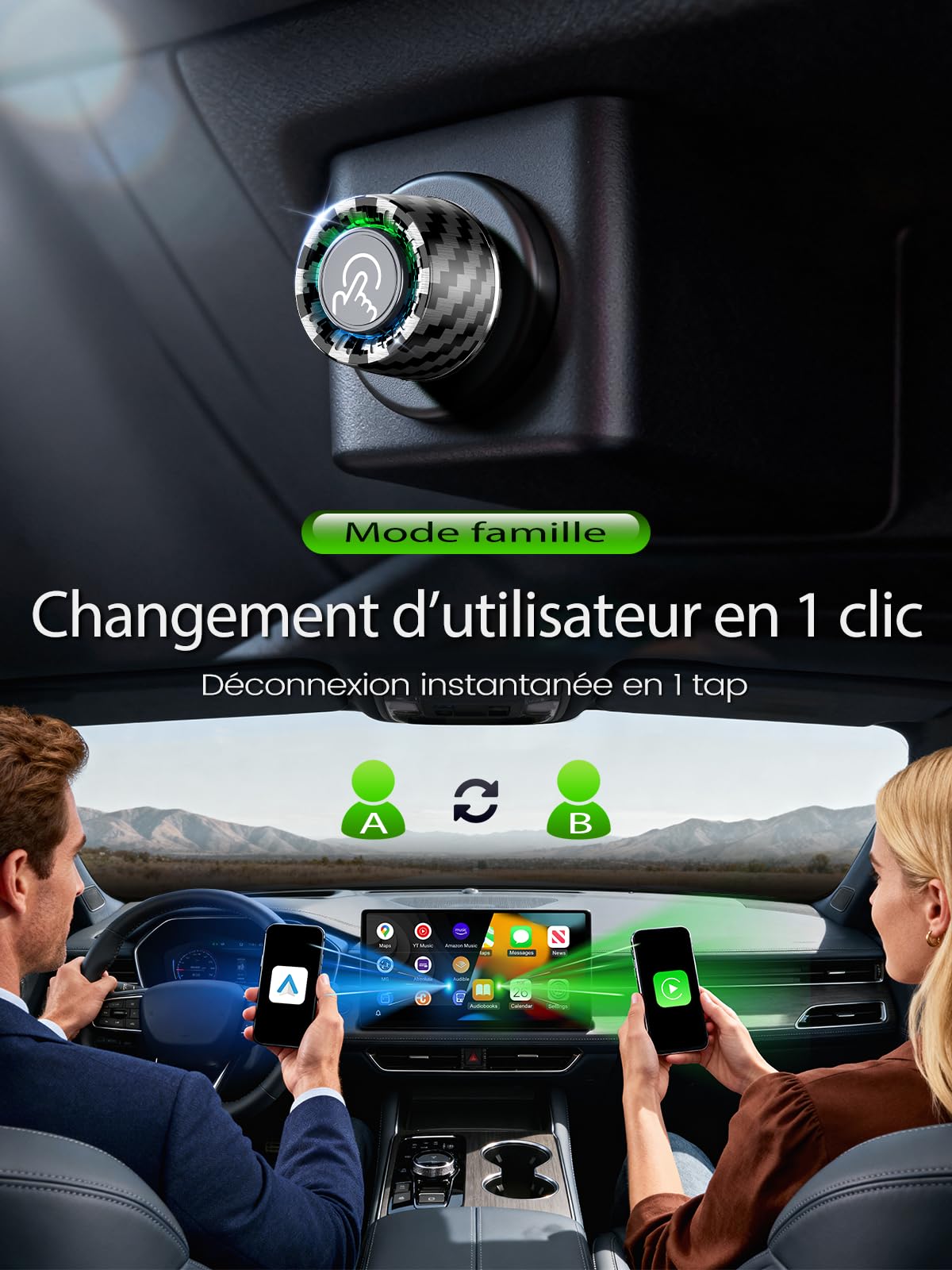 Adaptateur CarPlay Sans Fil, Changement 2 Smartphones par Bouton, Android Auto Sans Fil pour GPS Portable Voiture, Ultra Mini, Connexion Stable, Compatible avec iPhone (iOS 10+) & Android 10+, Caché