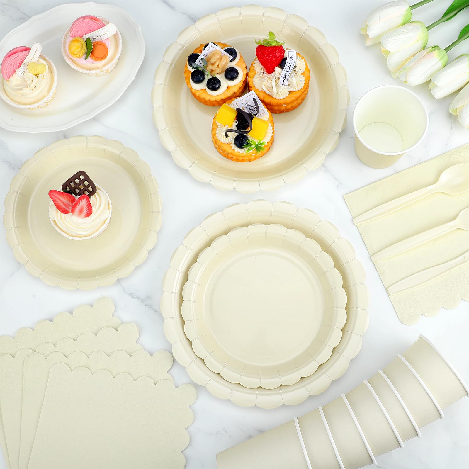 Disposable Dinnerware Sets - Ivory Scalloped Plates & Napkins -5 Disposable Dinnerware Sets - Ivory Scalloped Plates & Napkins -5