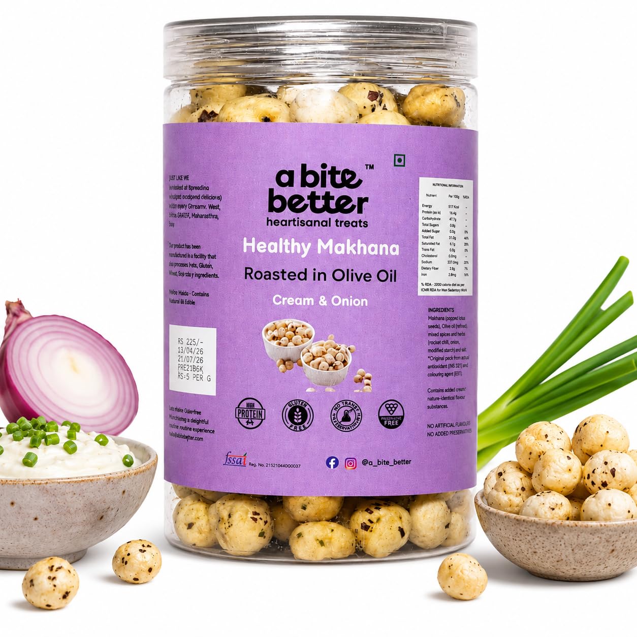 a Bite Better Roasted Makhana | Cream & Onion Flavor | Roasted in Olive Oil | Healthy Fox Nuts Snack | Light & Crunchy | Gluten Free | High in Fiber | 85g