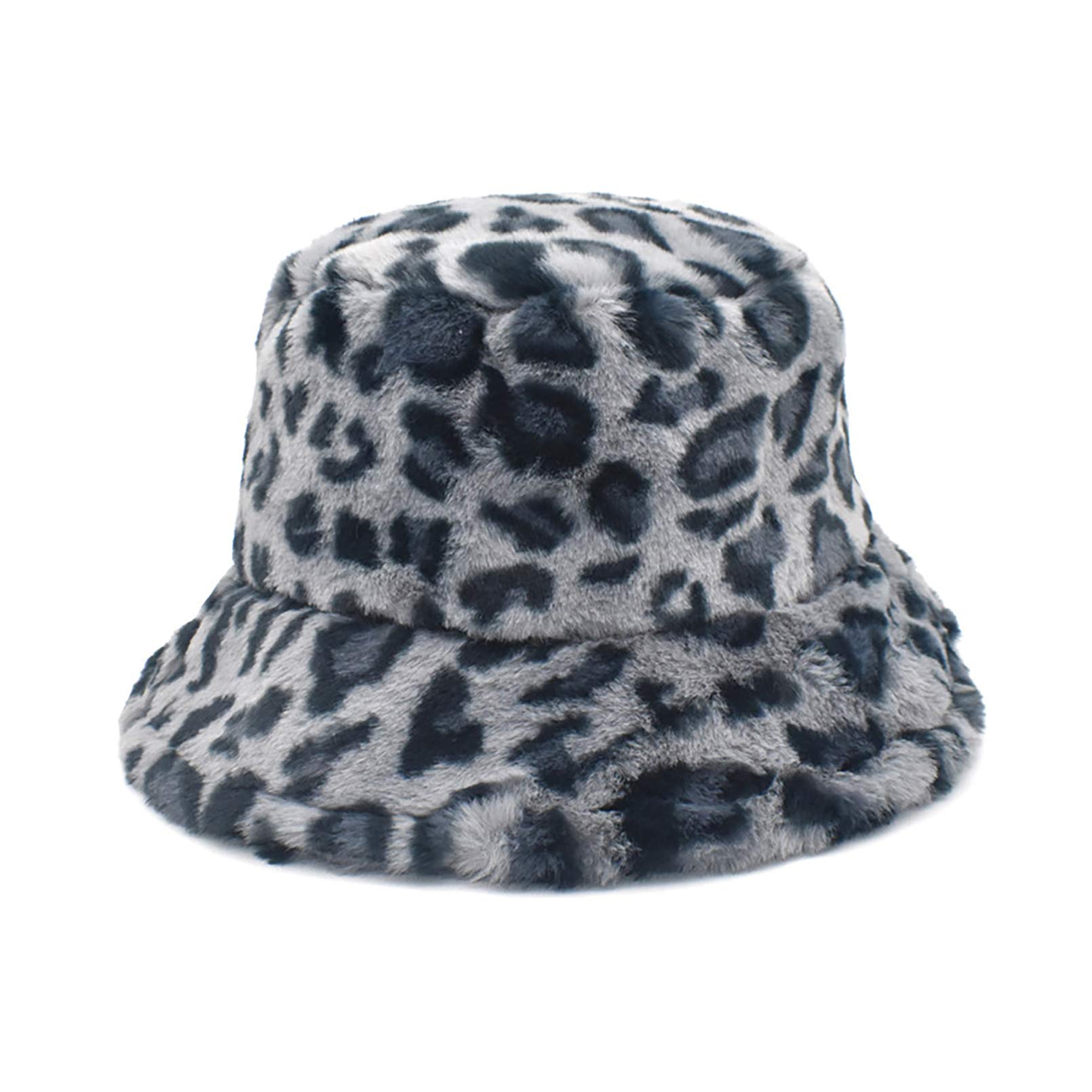 BeFur Women Winter Bucket Hats Wide Brim Faux Fur Leopard Print Foldable Fisherman Cap Blue