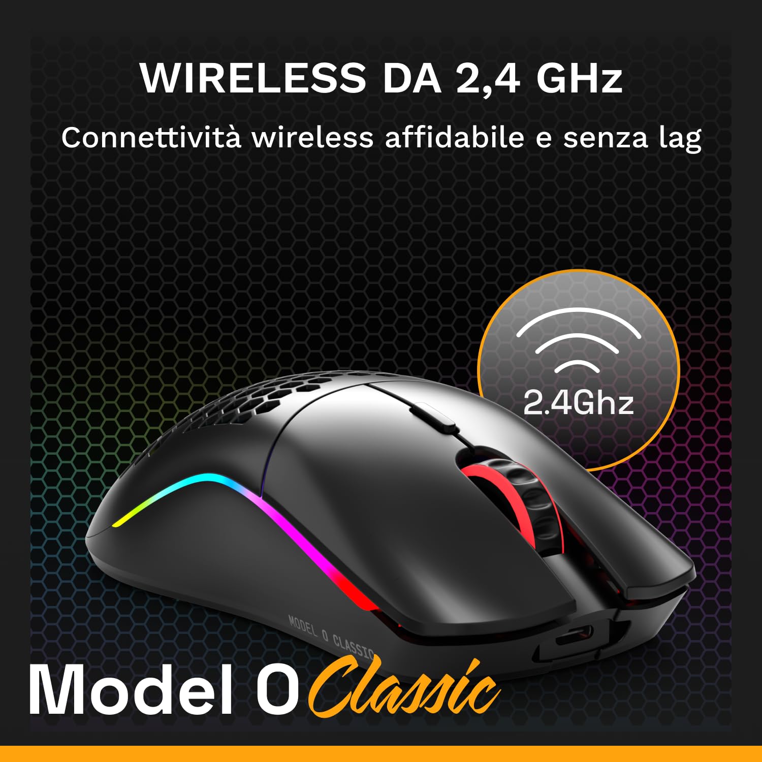 GLORIOUS Model O Classic Mouse PC da Gaming Wireless - Bassa latenza, sensore 19K DPI, Design a Nido D'ape (69 g), RGB Personalizzabile, Switch Meccanici da 100 mln di clic, Tasti programmabili - Nero