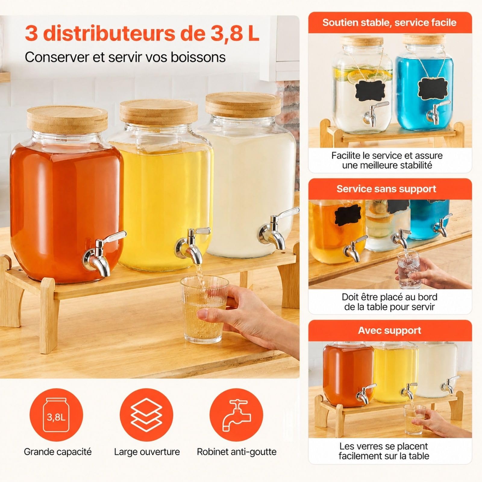 Getränkespender 3er Set aus Glas mit Zapfhähnen und Ständer für Saft Kaffee Partys und Bars