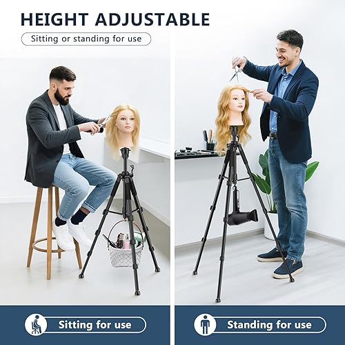 Miniatura 4 de Retbtnm Trípode para peluca, soporte de cabeza de maniquí de 54 pulgadas, soporte resistente para peinar peluca con gancho, soporte de cabeza de