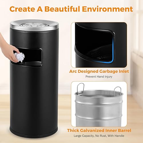 Miniatura 5 de BEAMNOVA Bote de basura al aire libre con tapa, contenedor de basura comercial negro de acero inoxidable para patio, garaje interior, contenedor de