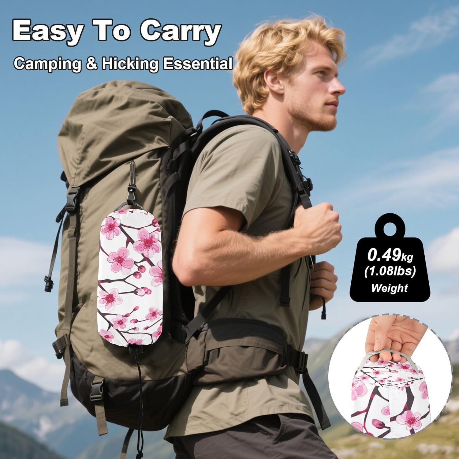 ALAZA Pink Cherry Blossom Flower Floral 2 Camping Hammocks Single or 2 Person 500 lbs Portable Parachute Travel Hammock w/Tree Straps for Hiking Backpacking Indoor Outdoor