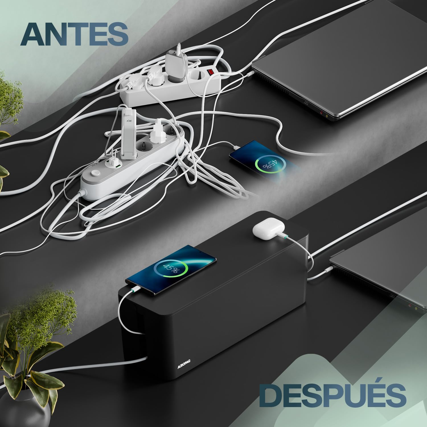 ACROPAQ Caja Porta Cables - Grande (40,6 x 15,6 x 13,4 cm), Caja para la gestión de Cables para esconder Cables y enchufes, Plástico, Negro - Caja Cables, Organizador de Cables