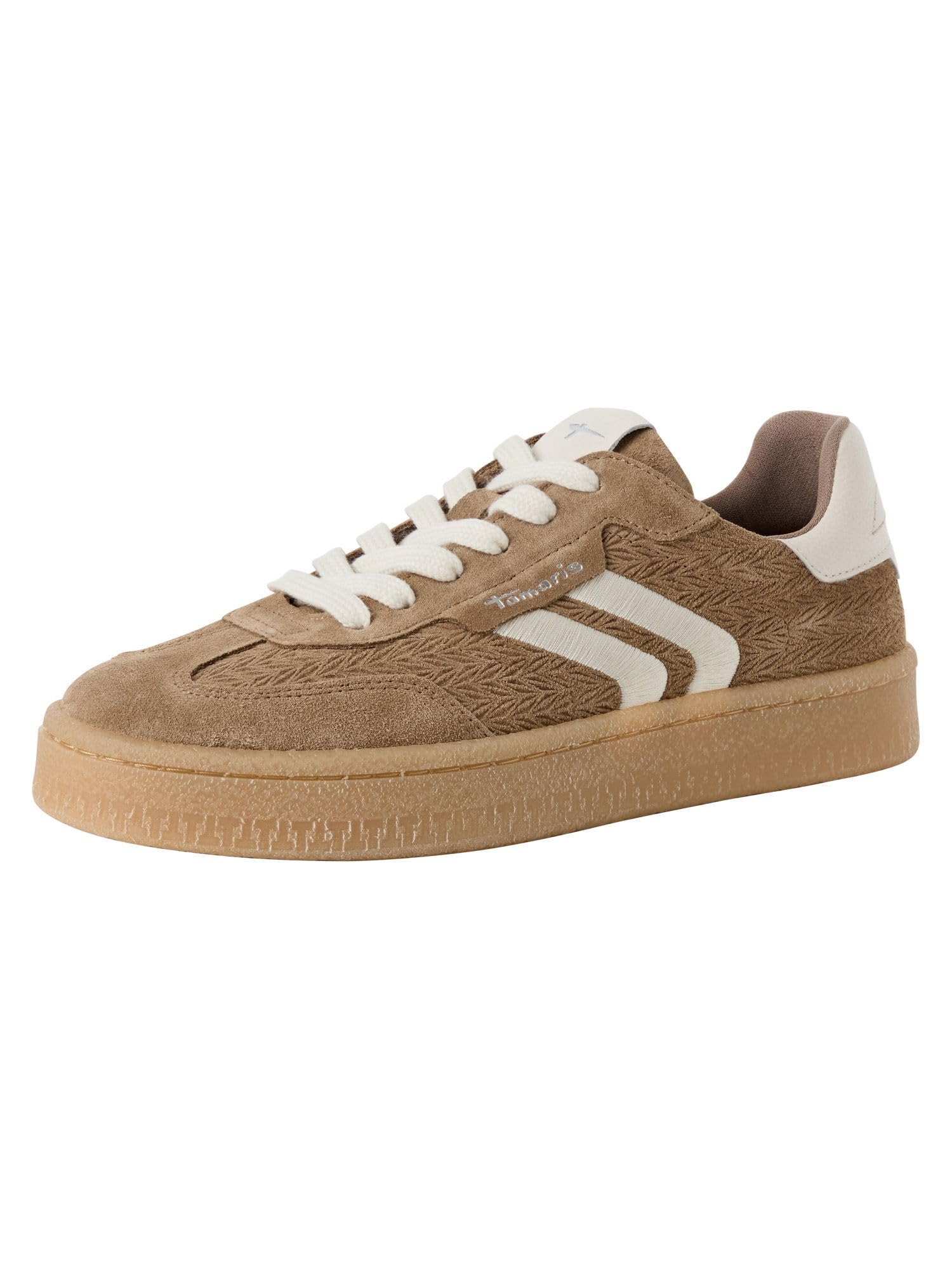 Infinity Leather Women's Tamaris Leather Stripes Trainers Sneaker Shoes - 23723 in Taupe | Size: 5