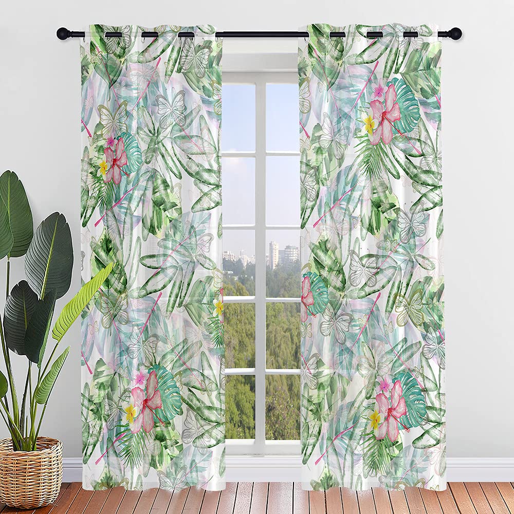 Hiseng Cortinas Translucidas Decorativas con Ojales 2 Piezas, Cortinas Visillos Translúcidos de Dormitorio Moderno Estampado de Hojas Tropicales, para Salon Cocina Ventana (80x115cm,Flor Hibiscus)