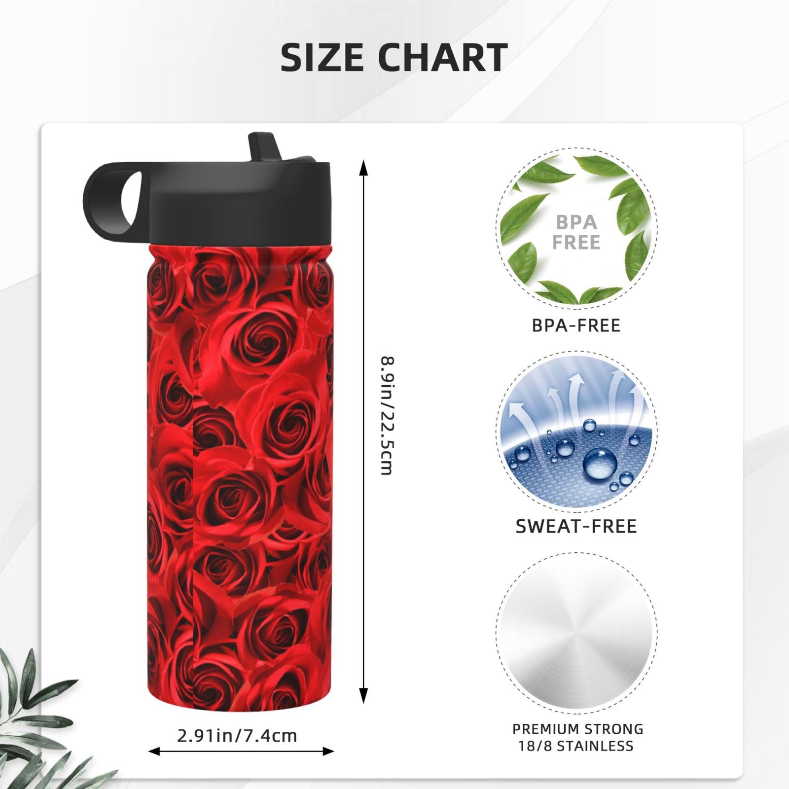 Amazon｜赤いバラ 薔薇 花柄 水筒 スポーツボトル 魔法瓶 ステンレス