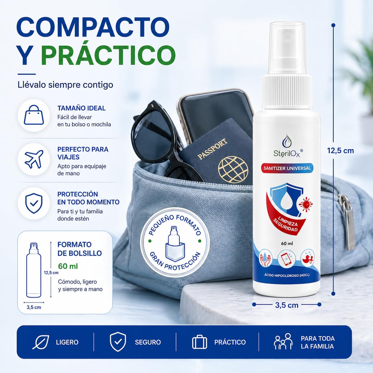 60 ml, spray cosmetico antisettico, per mani, giocattoli, piatti, oggetti, sicuro per bambini e animali domestici, senza alcool, senza profumo, con acido ipocloroso (HOCl)