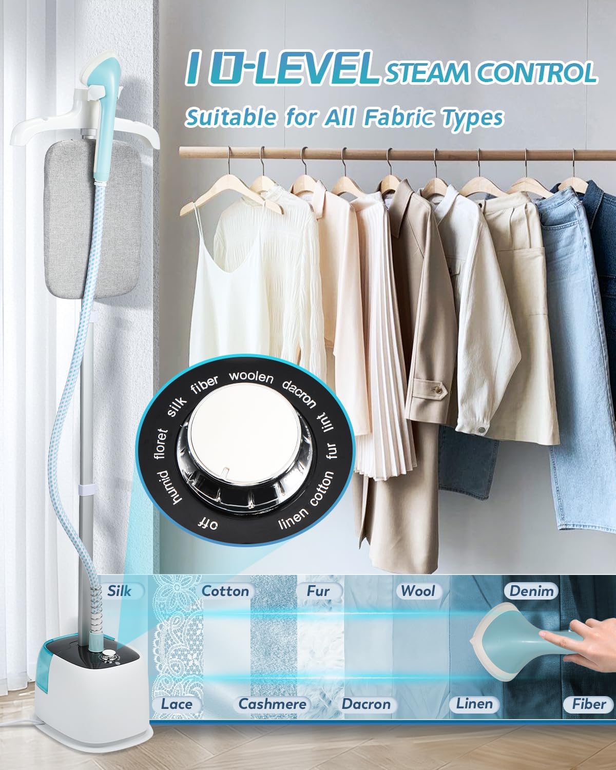 Standing Garment Steamer for Clothes 1350W Aluminum Heating System for 1 Hour Powerful Steam, Heats in 30s, 10 Levels Steam Control, Flat & Hanging Ironing, with Ironing Board, Gloves, Brush