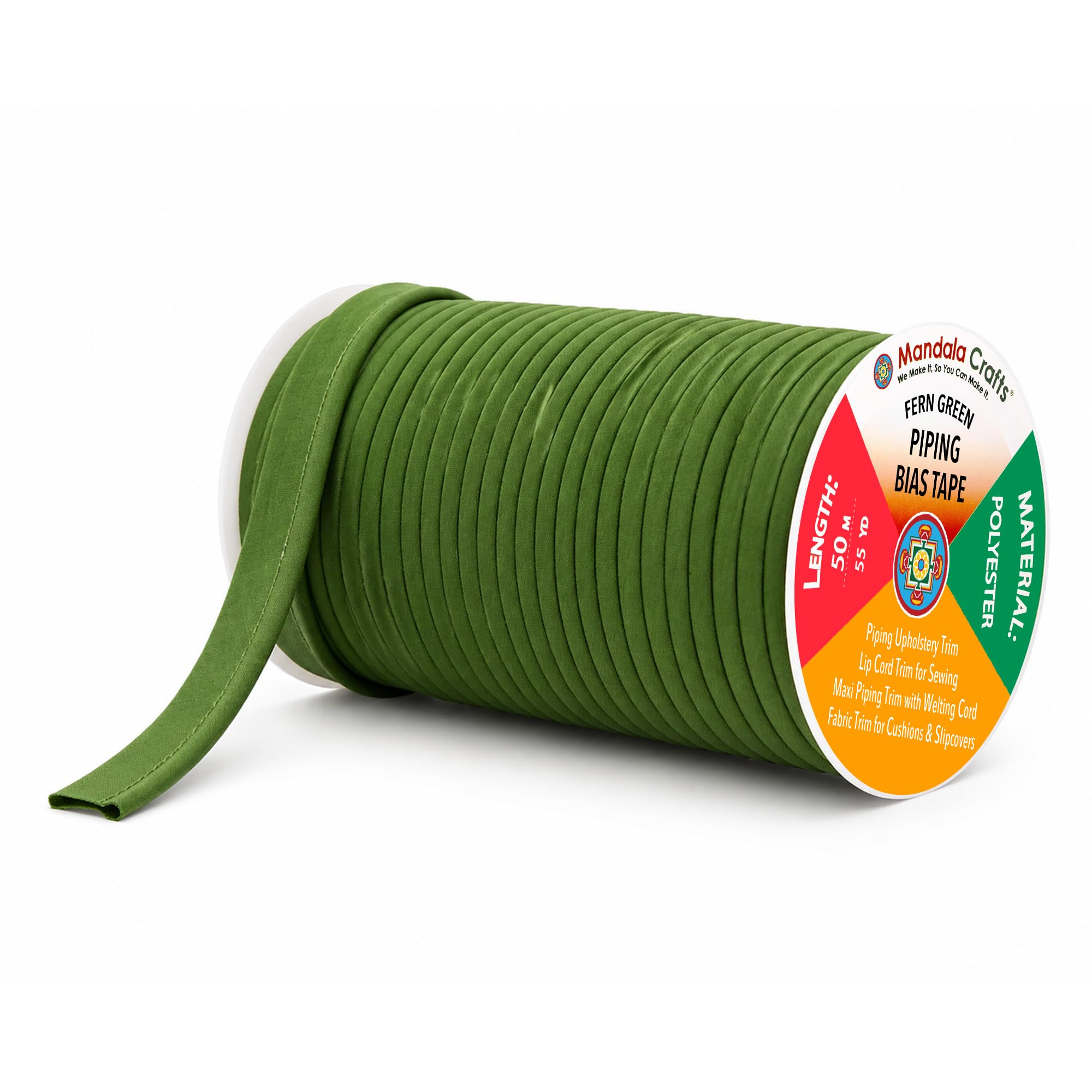 Mandala Crafts Fern Green Maxi Piping Bias Tape with Welting Cord - 1/2 Inch Upholstery Piping Trim for Sewing, Cushions, Slipcovers, and DIY Decor - 55 Yards Lip Cord Trim โ image 1