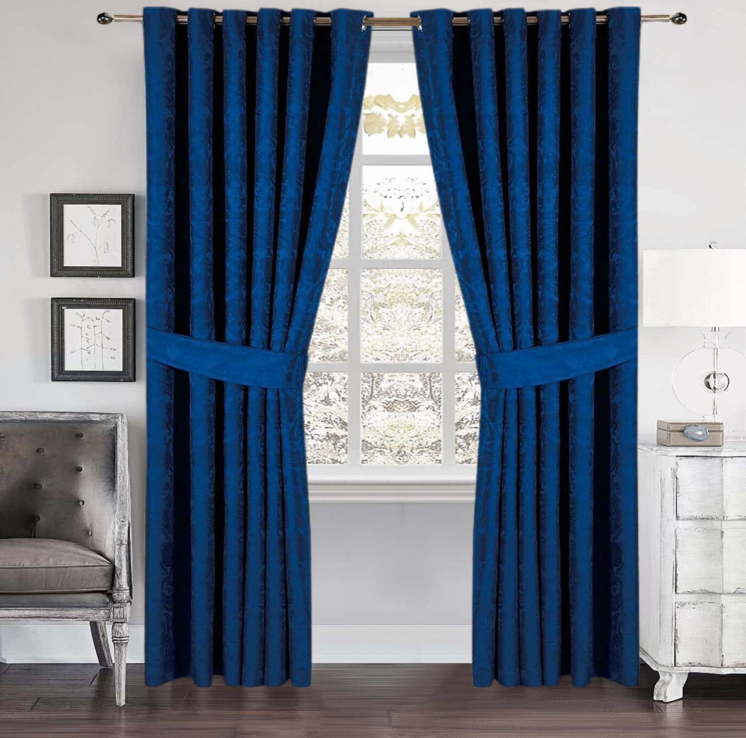 PRIME LINENS Cleo Curtains For Living Room Ring Top/Eyelet Paisley Jacquard Curtains & Drapes Fully Lined Modern Panels for Bedroom 2 Free Tie Backs (Royal Blue, W 90'' x L 90'')